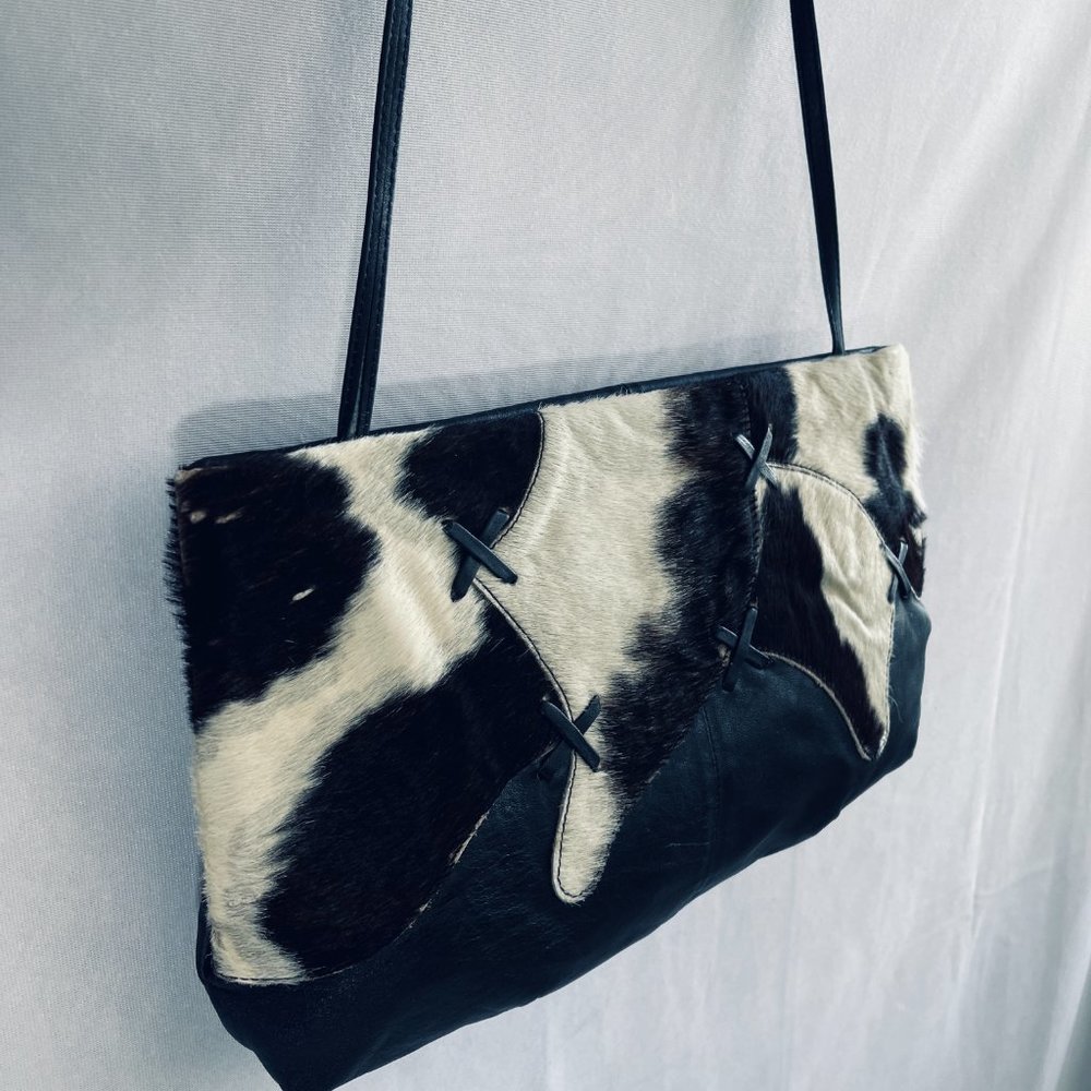 Hand made shoulder bag/clutch Black/white women's clutch Cow leather large size